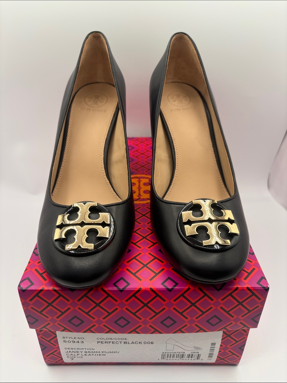 Tory Burch Black Leather Logo Ballet Pump with Gold Emblem